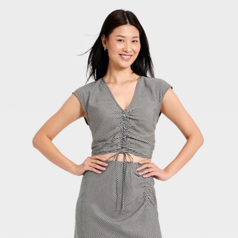 A New Day Gingham Cap Sleeve Tie Top in Black & White